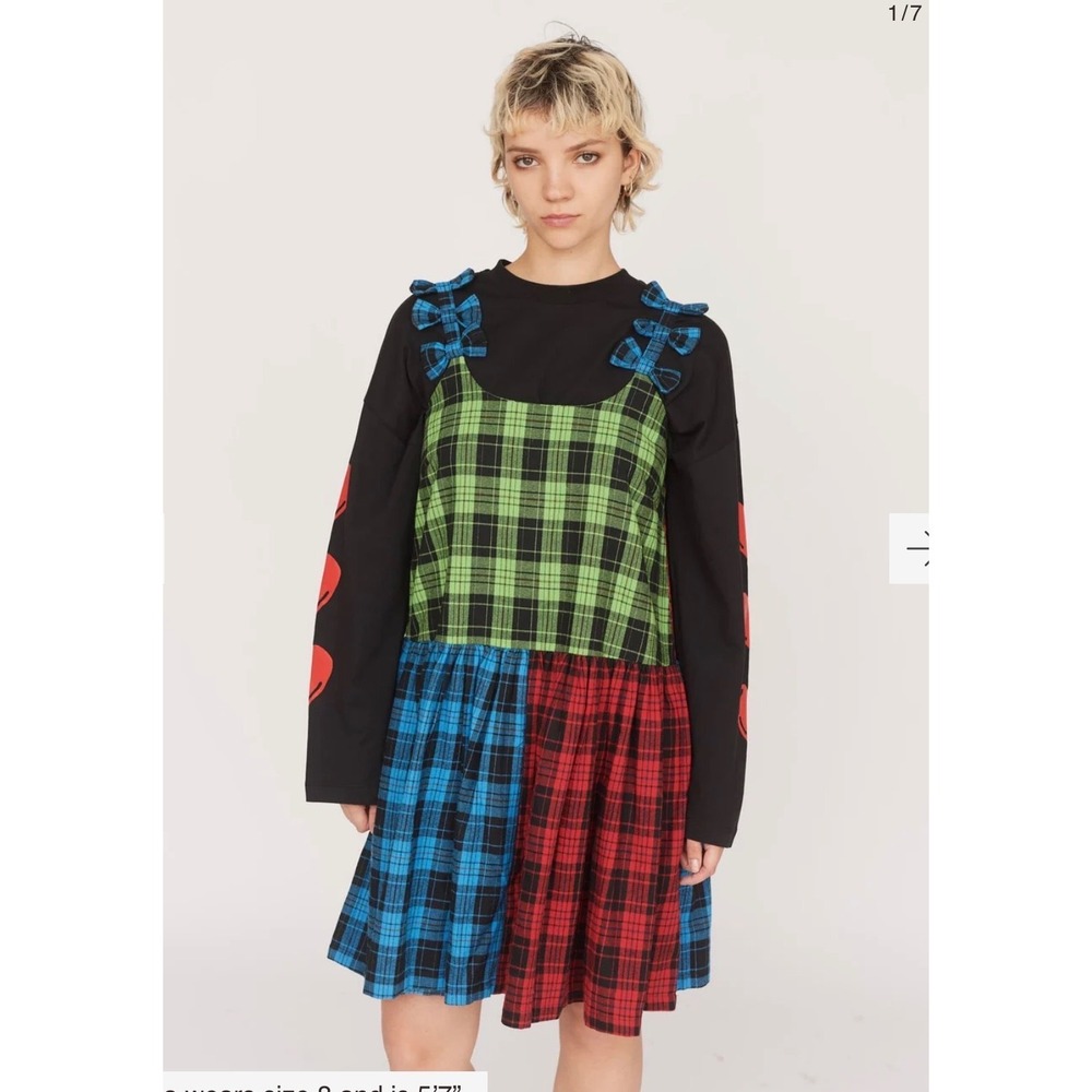 Lazy Oaf Color block bow mini dress Plaid Patchwork Dress 16 grunge goth